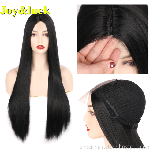 Black Front Lace Wig Party Cosplay With Adjustable Band Middle Part Wholesale Long Straight Wig Lace Front Synthetic Hair Wigs